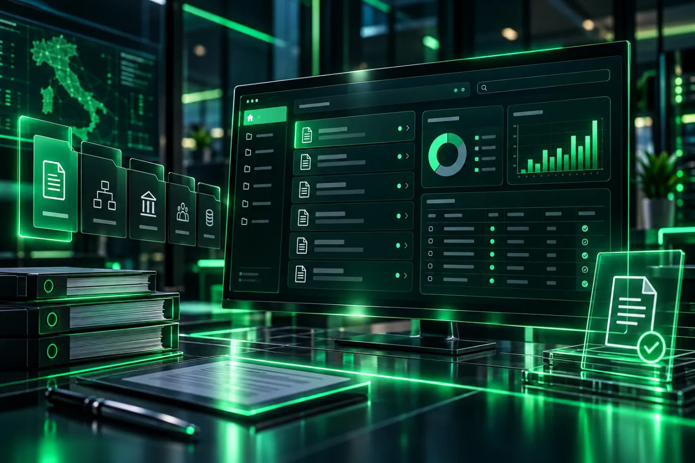 Illustrazione della piattaforma per la gestione della trasparenza con dashboard, documenti e grafici